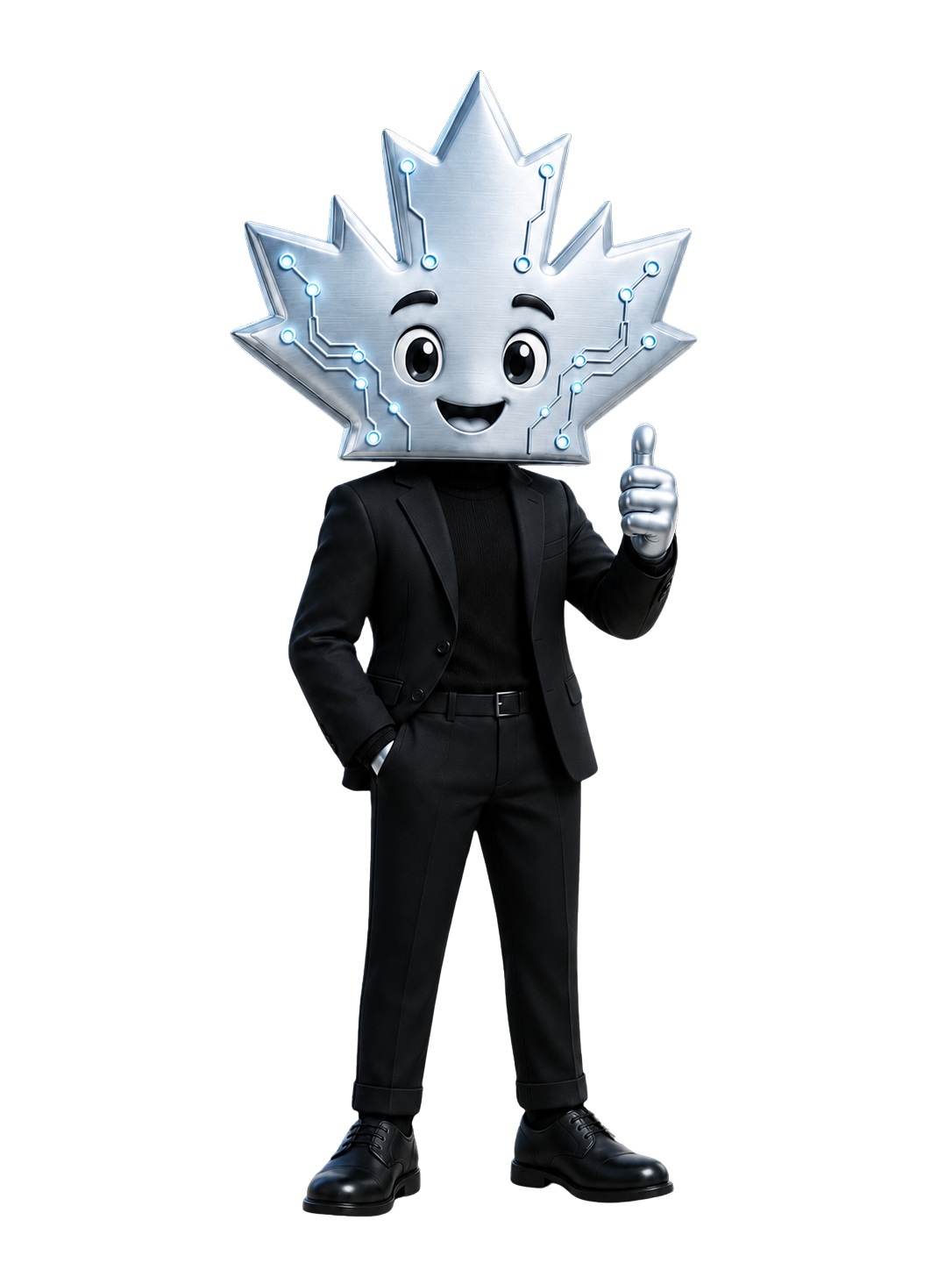 Digital Sovereign mascot in a black suit giving a thumbs up